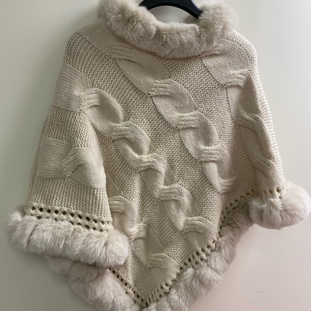 Nwot Cream Cable Knit Fur-Trim Poncho Sweater from macys - Picture 2 of 3